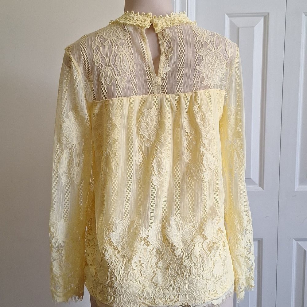 Ultra Pink Pastel Yellow Floral Lace Long Sleeve Blouse Mock Neck Size Large - Picture 4 of 7